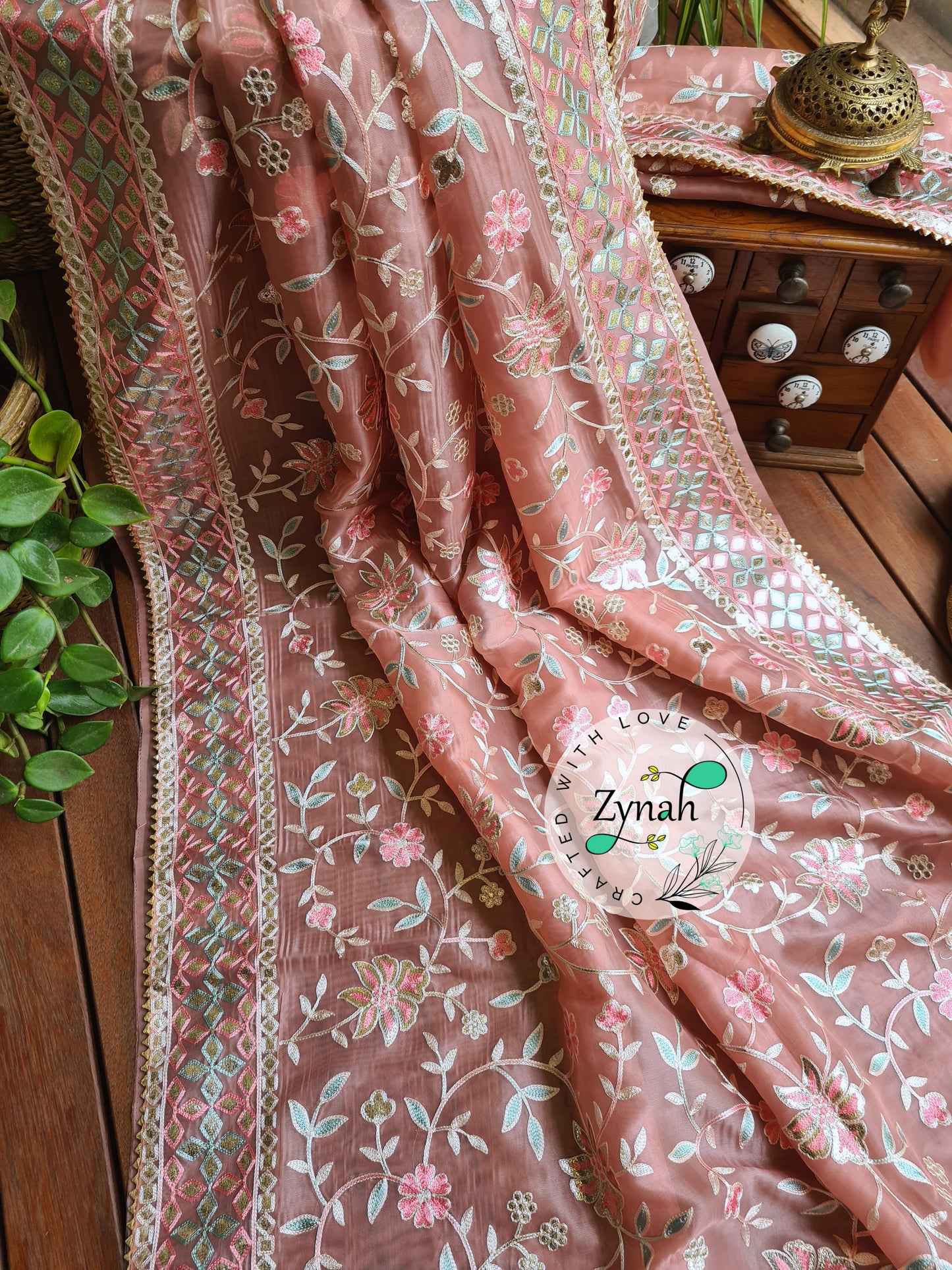 Zynah Pure Organza Silk Saree with Gotapatti Lace, Foil & Thread Embroidery Work; Custom Stitched/Ready-made Blouse, Fall, Petticoat; Shipping available USA, Worldwide