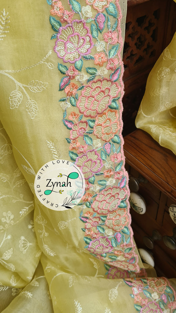 Zynah Pure Organza Silk Saree with Scalloped Border, Thread Embroidery & Sequence Work; Custom Stitched/Ready-made Blouse, Fall, Petticoat; Shipping available USA, Worldwide