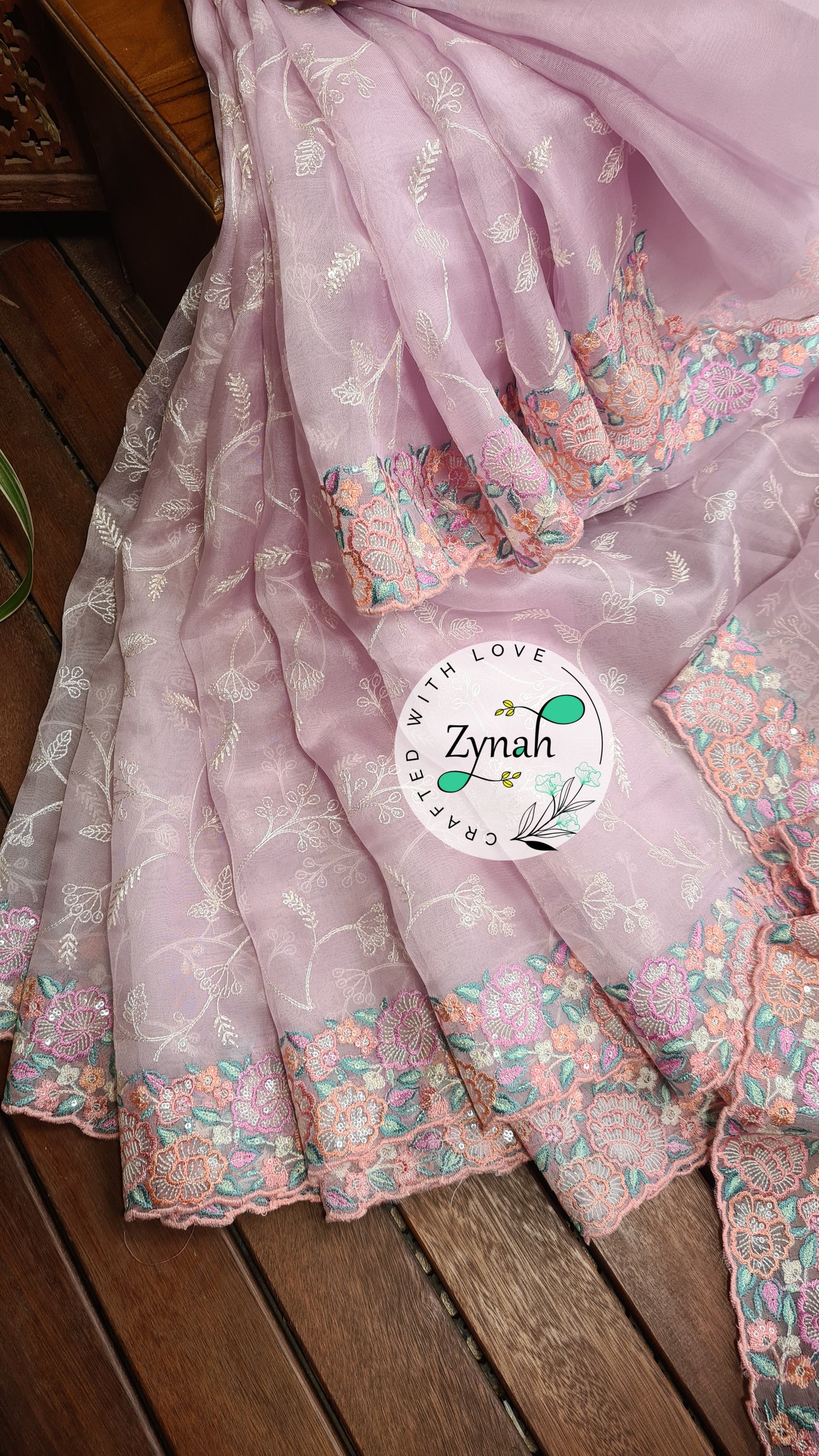 Zynah Pure Organza Silk Saree with Scalloped Border, Thread Embroidery & Sequence Work; Custom Stitched/Ready-made Blouse, Fall, Petticoat; Shipping available USA, Worldwide