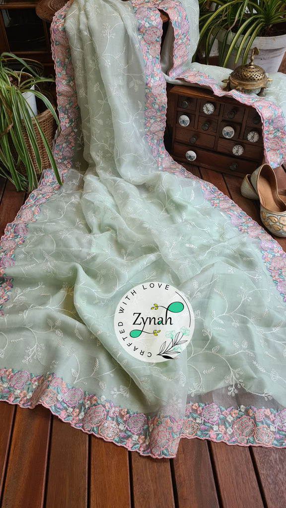 Zynah Pure Organza Silk Saree with Scalloped Border, Thread Embroidery & Sequence Work; Custom Stitched/Ready-made Blouse, Fall, Petticoat; Shipping available USA, Worldwide