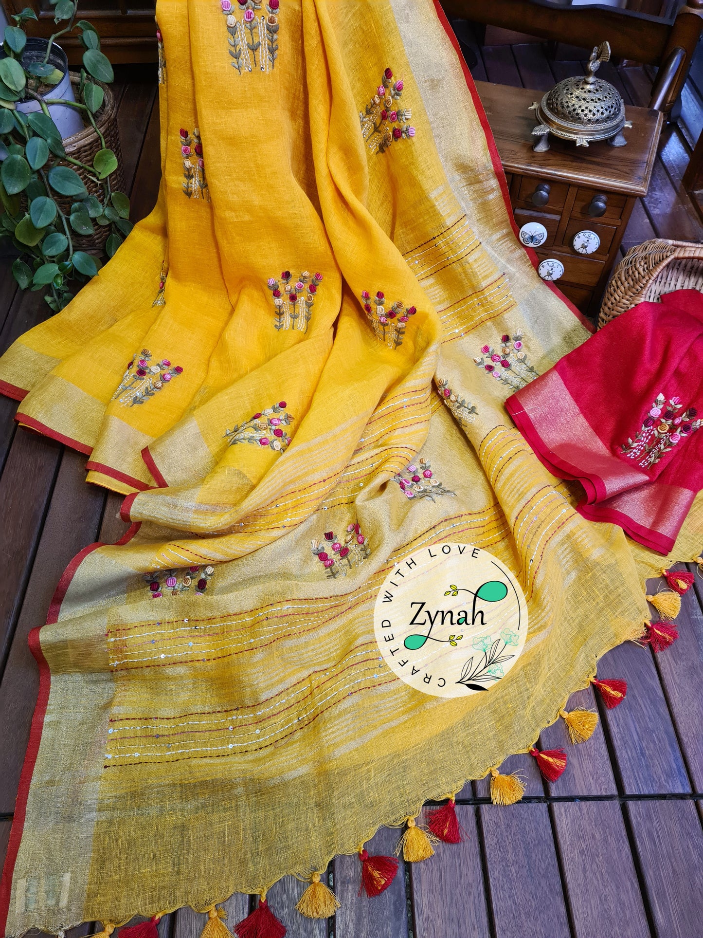 Zynah Pure Linen(120c) Handcrafted Saree with French Knot Hand Embroidery; Custom Stitched/Ready-made Blouse, Fall, Petticoat; Shipping available USA, Worldwide