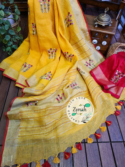 Zynah Pure Linen(120c) Handcrafted Saree with French Knot Hand Embroidery; Custom Stitched/Ready-made Blouse, Fall, Petticoat; Shipping available USA, Worldwide