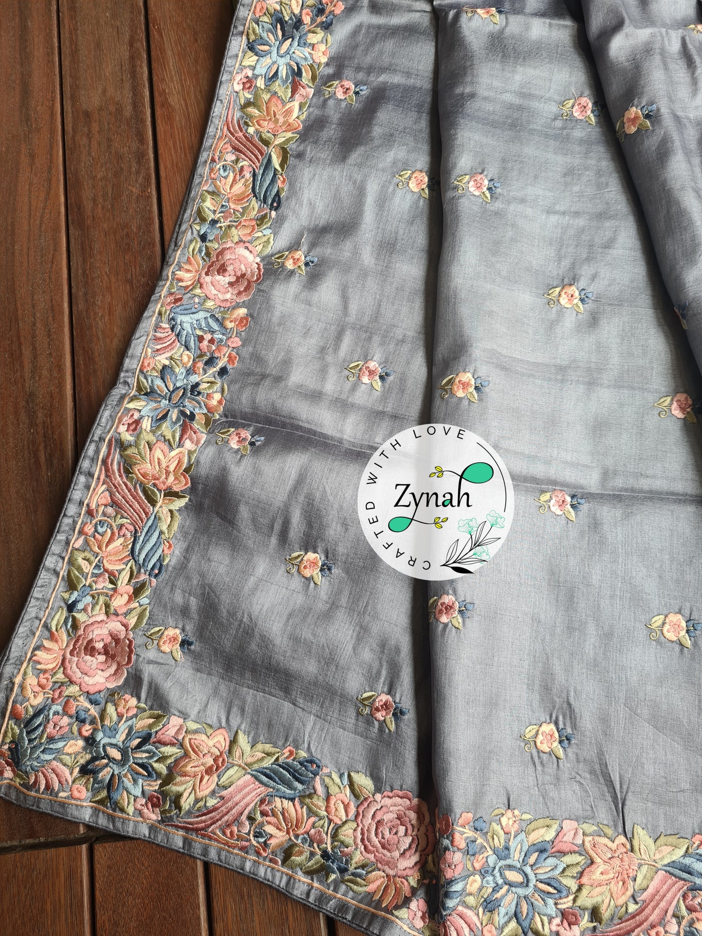 Zynah Grey Color Pure Handwoven Tussar Silk Parsi Gara Inspired Resham Thread Embroidery Saree; Custom Stitched/Ready-made Blouse, Fall, Petticoat; Shipping available USA, Worldwide