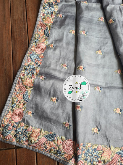 Zynah Grey Color Pure Handwoven Tussar Silk Parsi Gara Inspired Resham Thread Embroidery Saree; Custom Stitched/Ready-made Blouse, Fall, Petticoat; Shipping available USA, Worldwide