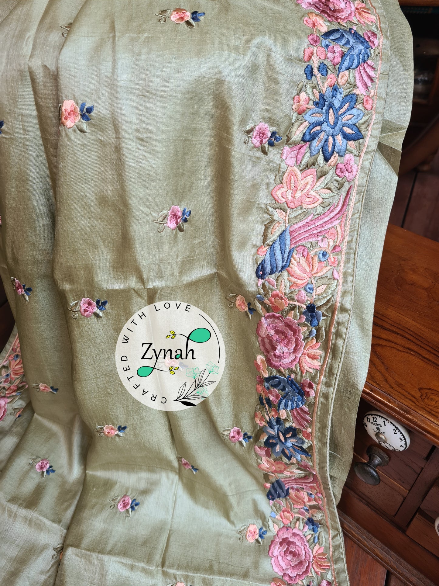 Zynah Pista Green Color Pure Handwoven Tussar Silk Parsi Gara Inspired Resham Thread Embroidery Saree; Custom Stitched/Ready-made Blouse, Fall, Petticoat; Shipping available USA, Worldwide