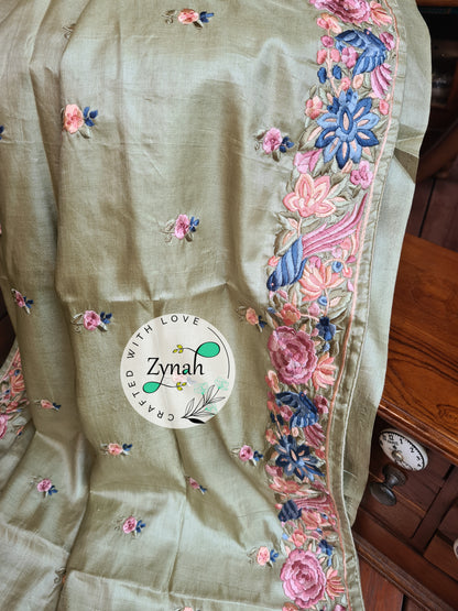 Zynah Pista Green Color Pure Handwoven Tussar Silk Parsi Gara Inspired Resham Thread Embroidery Saree; Custom Stitched/Ready-made Blouse, Fall, Petticoat; Shipping available USA, Worldwide