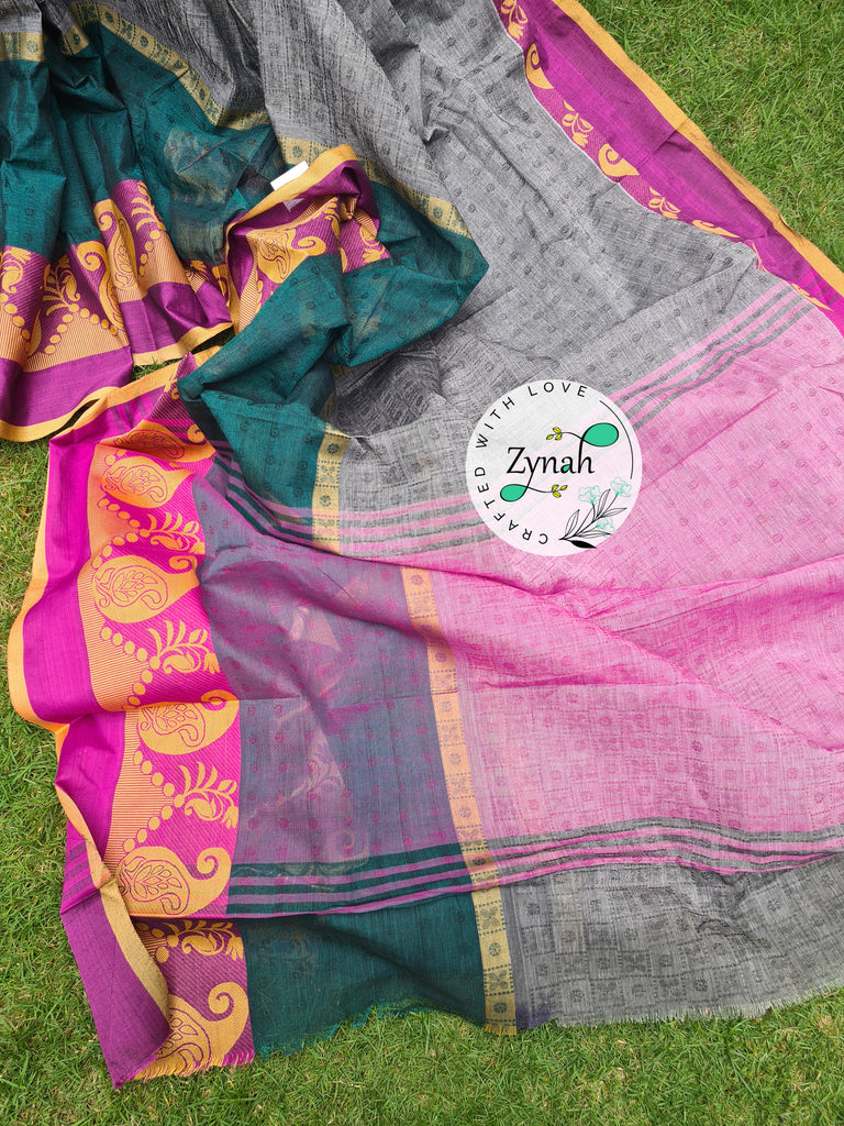 Zynah Grey Color Pure Handspun Cotton Saree with Zari Weave Border; Custom Stitched/Ready-made Blouse, Fall, Petticoat; Shipping available USA, Worldwide