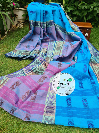 Zynah Blue Color Pure Handspun Cotton Saree with Zari Weave Border; Custom Stitched/Ready-made Blouse, Fall, Petticoat; Shipping available USA, Worldwide
