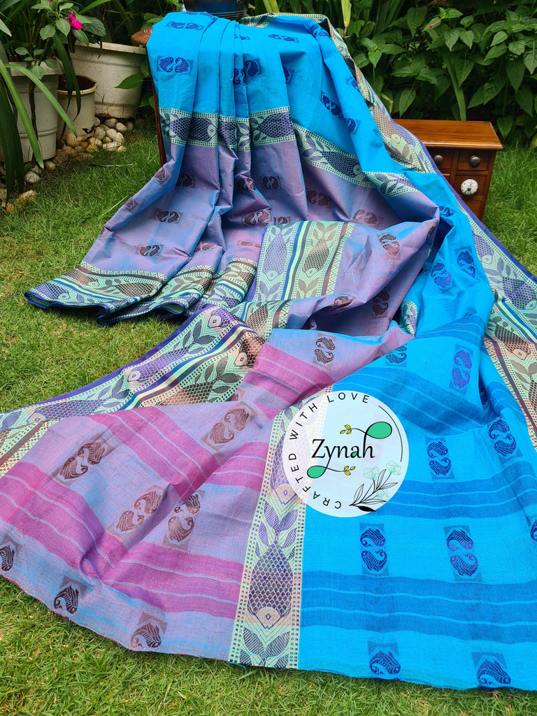 Zynah Blue Color Pure Handspun Cotton Saree with Zari Weave Border; Custom Stitched/Ready-made Blouse, Fall, Petticoat; Shipping available USA, Worldwide