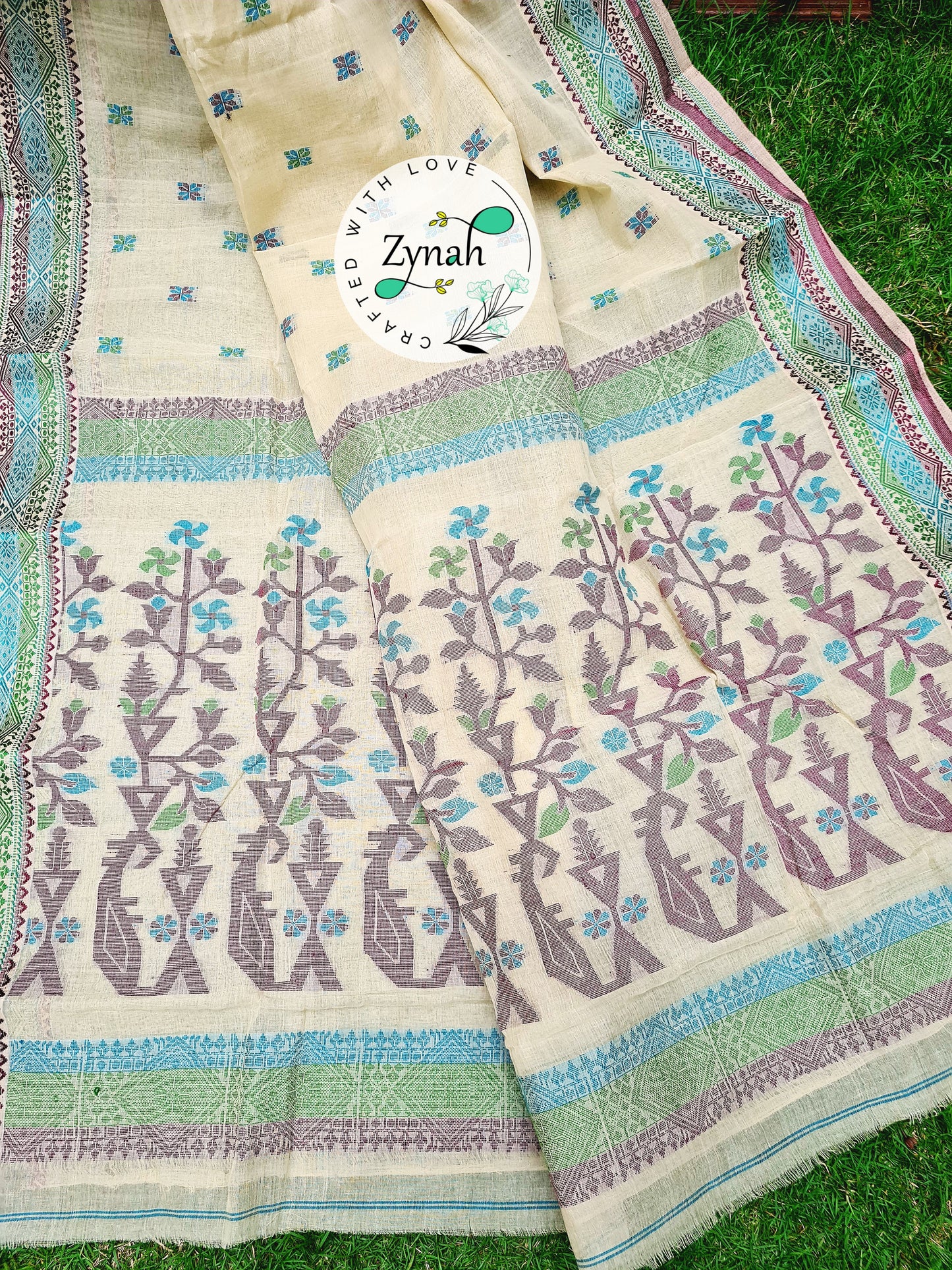 Zynah Off-white Color Pure Handspun Cotton Saree with Zari Weave Border; Custom Stitched/Ready-made Blouse, Fall, Petticoat; Shipping available USA, Worldwide