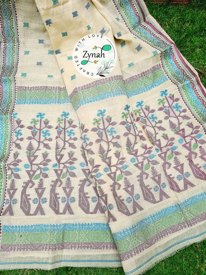 Zynah Off-white Color Pure Handspun Cotton Saree with Zari Weave Border; Custom Stitched/Ready-made Blouse, Fall, Petticoat; Shipping available USA, Worldwide