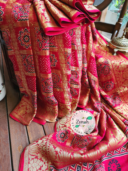 Zynah Pure Munga Silk Saree with Ajrakh Prints & Gharchola Zari Weave; Custom Stitched/Ready-made Blouse, Fall, Petticoat; Shipping available USA, Worldwide