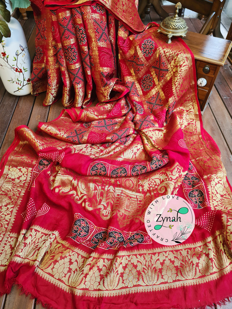 Zynah Pure Munga Silk Saree with Ajrakh Prints & Gharchola Zari Weave; Custom Stitched/Ready-made Blouse, Fall, Petticoat; Shipping available USA, Worldwide