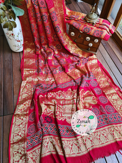 Zynah Pure Munga Silk Saree with Ajrakh Prints & Gharchola Zari Weave; Custom Stitched/Ready-made Blouse, Fall, Petticoat; Shipping available USA, Worldwide