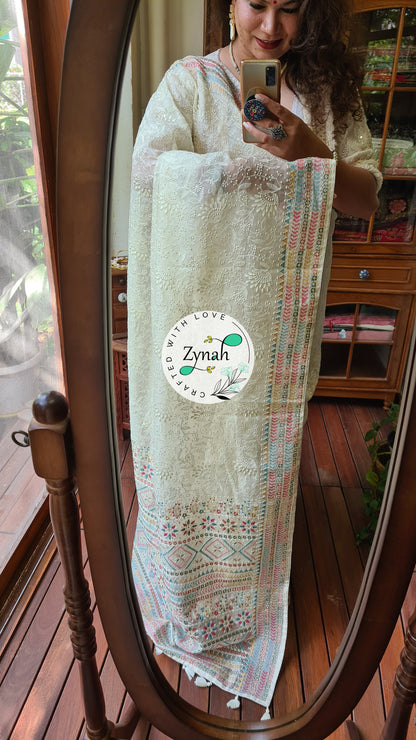 Zynah Off-white Color Pure Organza Silk Saree with Kantha Style Embroidery; Custom Stitched/Ready-made Blouse, Fall, Petticoat; Shipping available USA, Worldwide