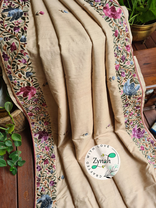 Zynah Made To Order Beige Color Pure Tussar Silk Parsi Gara Handcrafted Saree; Custom Stitched/Ready-made Blouse, Fall, Petticoat; Shipping available USA, Worldwide