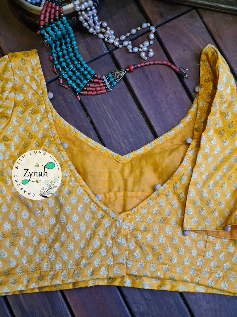 Zynah Pre-order Pure Silk Yellow Color Blouse with Butis weave; Shipping available USA & Worldwide