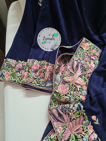 Zynah Blue Color Made to Order Pure Crepe Silk Parsi Gara Handcrafted Saree; Custom Stitched/Ready-made Blouse, Fall, Petticoat; Shipping available USA, Worldwide