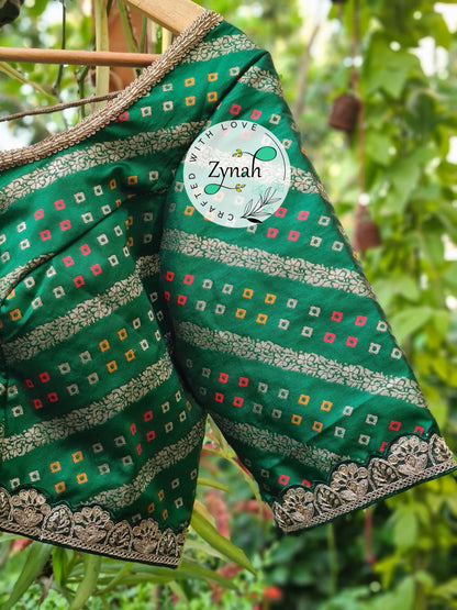 Zynah Pre-order Pure Silk Green Color Blouse with Lehriya weave; Shipping available USA & Worldwide