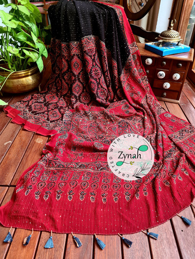 Zynah Black & Red Color Pure Georgette Sequence Work Saree with Ajrakh Handblock Prints; Custom Stitched/Ready-made Blouse, Fall, Petticoat; Shipping available USA, Worldwide