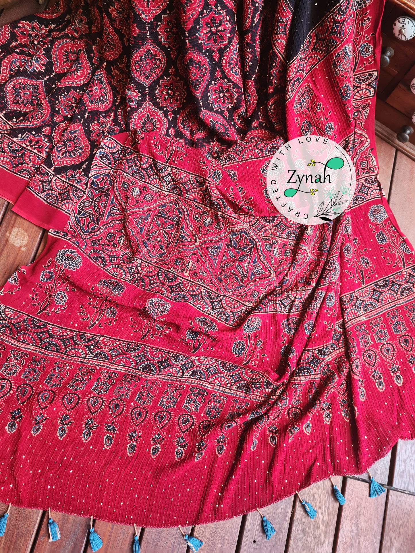 Zynah Black & Red Color Pure Georgette Sequence Work Saree with Ajrakh Handblock Prints; Custom Stitched/Ready-made Blouse, Fall, Petticoat; Shipping available USA, Worldwide
