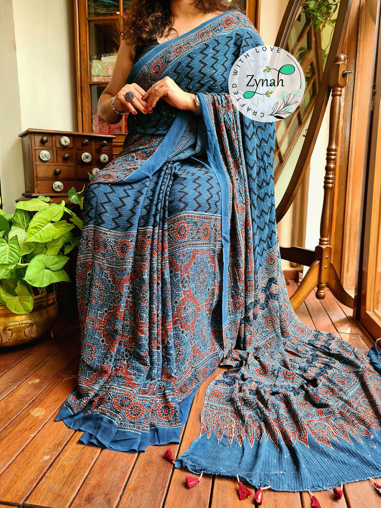 Zynah Blue Color Pure Georgette Sequence Work Saree with Ajrakh Handblock Prints; Custom Stitched/Ready-made Blouse, Fall, Petticoat; Shipping available USA, Worldwide