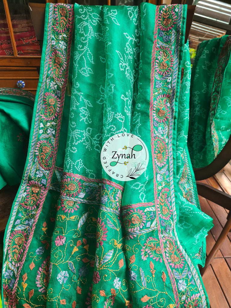 Zynah Green Color Pure Organza Silk Saree with Bandhani Prints & Kantha Embroidery; Custom Stitched/Ready-made Blouse, Fall, Petticoat; Shipping available USA, Worldwide