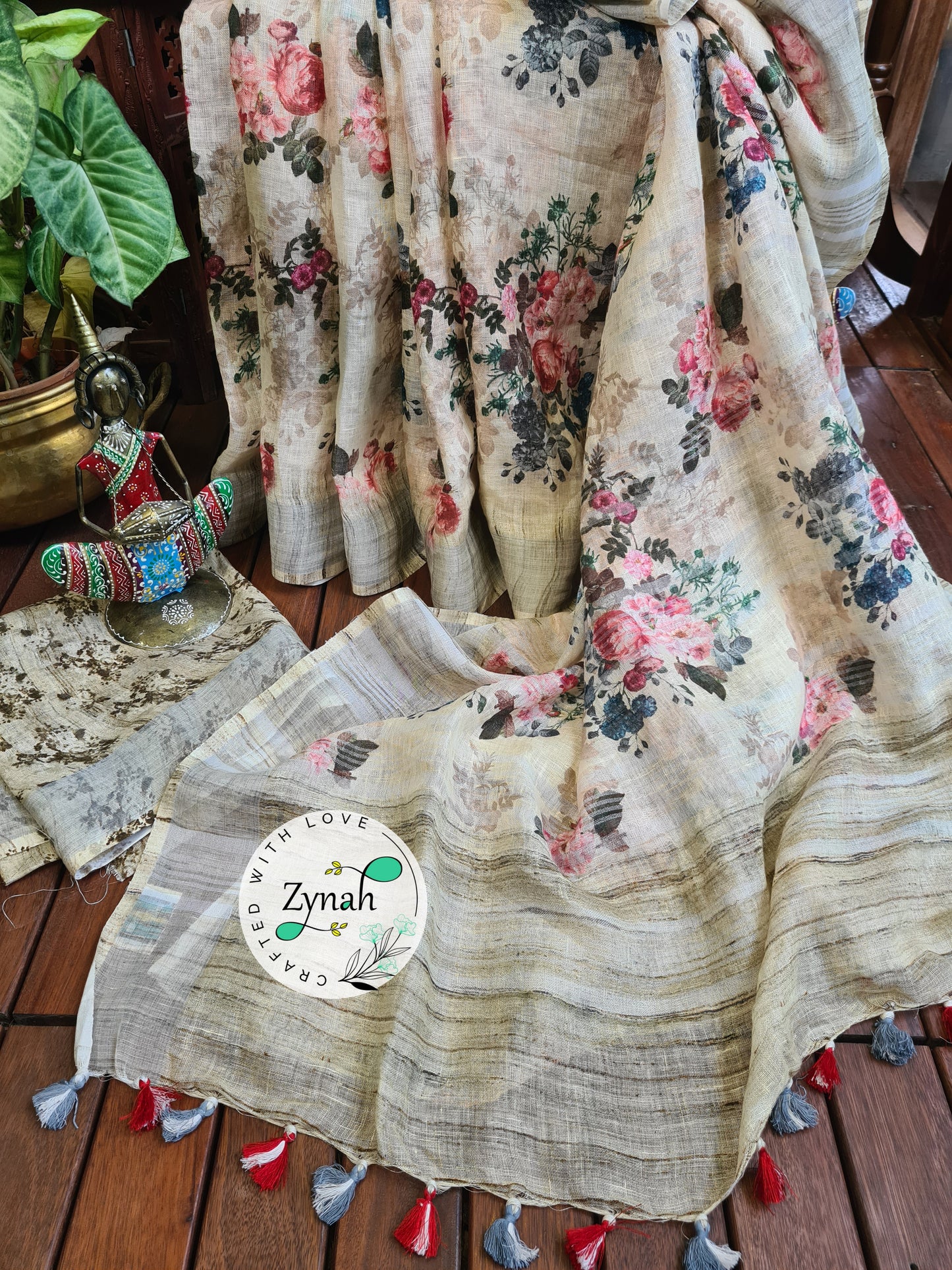 Zynah Off-white Color Organic Pure Linen by Linen(120c) Saree with Digital Floral Prints & Zari Border; Custom Stitched/Ready-made Blouse, Fall, Petticoat; Shipping available USA, Worldwide