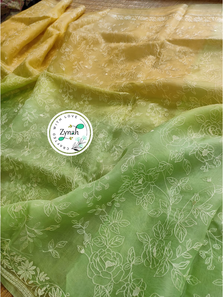 Zynah Yellow & Green Color Pure Organza Silk Saree with Chikankari  Embroidery Work in Dual Shades; Available in many colors; stitched readymade blouse,fall,petticoat,available in USA