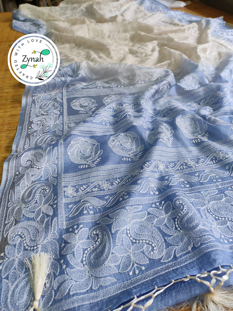 Zynah Off-White & Blue Color Pure Tussar Kota Silk Saree with Heavy Chikankari Embroidery; Custom Stitched/Ready-made Blouse, Fall, Petticoat; Shipping available USA, Worldwide