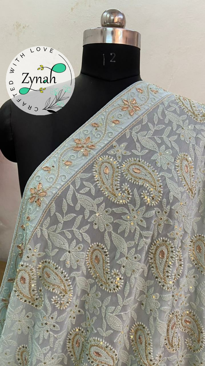 Zynah Pure Georgette Saree, Chikankari with Gotapatti Cut-work; Custom Stitched/Ready-made Blouse, Fall, Petticoat; Shipping available USA, Worldwide