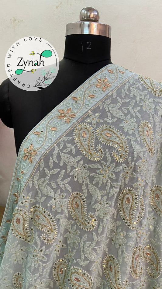 Zynah Pure Georgette Saree, Chikankari with Gotapatti Cut-work; Custom Stitched/Ready-made Blouse, Fall, Petticoat; Shipping available USA, Worldwide
