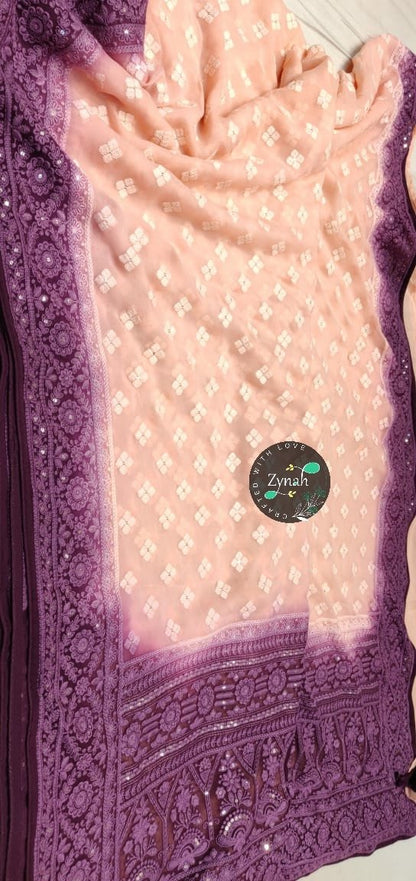 Zynah Pure Georgette Double-shaded Chikankari Saree with Sequence work; Custom Stitched/Ready-made Blouse, Fall, Petticoat; Shipping available USA, Worldwide