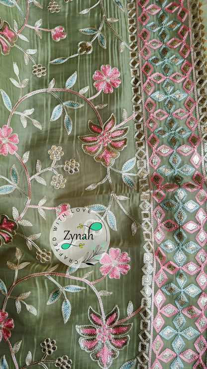 Zynah Pure Organza Silk Saree with Gotapatti Lace, Foil & Thread Embroidery Work; Custom Stitched/Ready-made Blouse, Fall, Petticoat; Shipping available USA, Worldwide