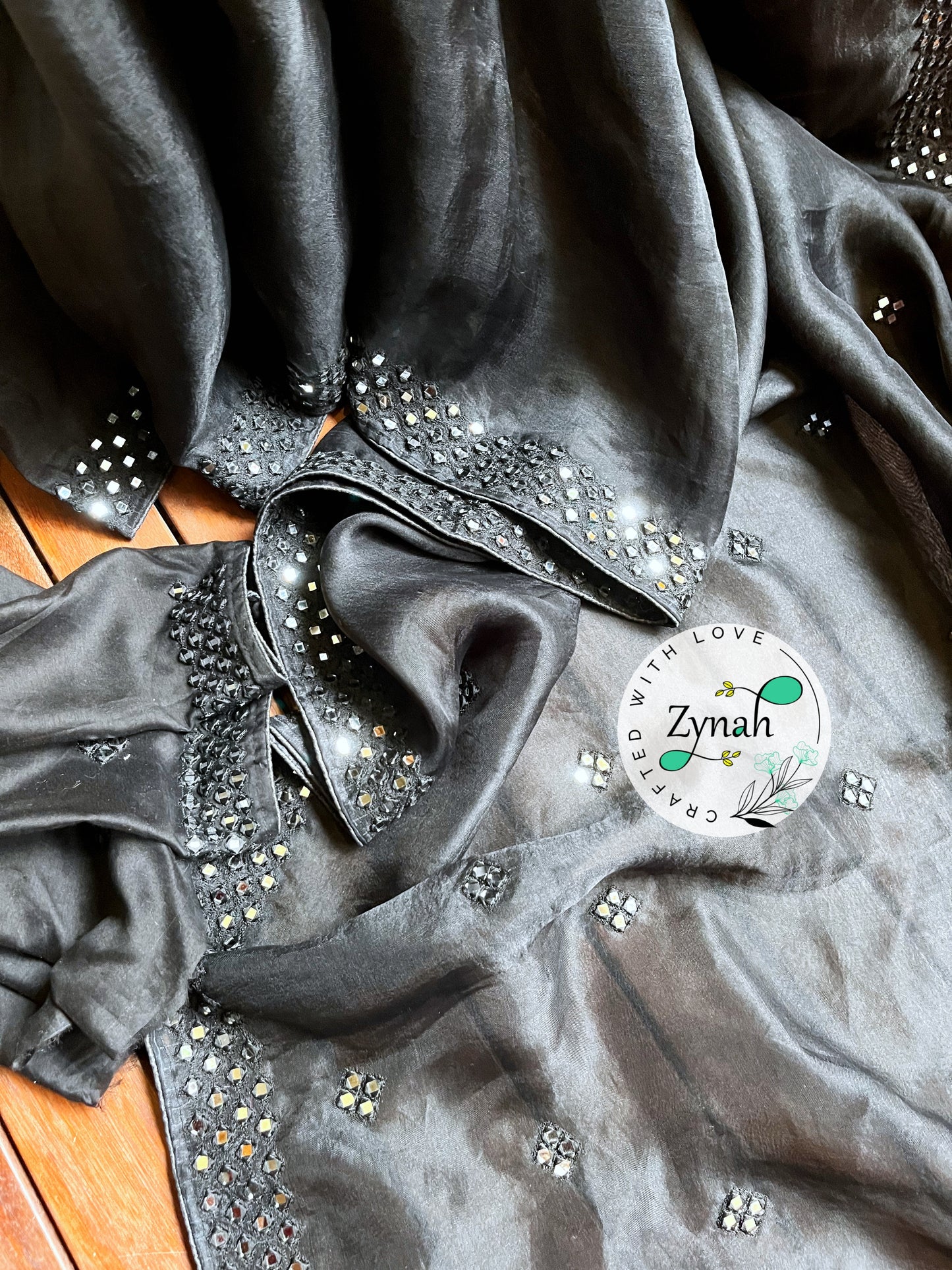 Zynah Pure Organza Silk Saree with Mirror Kutchi Work; Custom Stitched/Ready-made Blouse, Fall, Petticoat; Shipping available USA, Worldwide