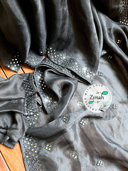 Zynah Pure Organza Silk Saree with Mirror Kutchi Work; Custom Stitched/Ready-made Blouse, Fall, Petticoat; Shipping available USA, Worldwide