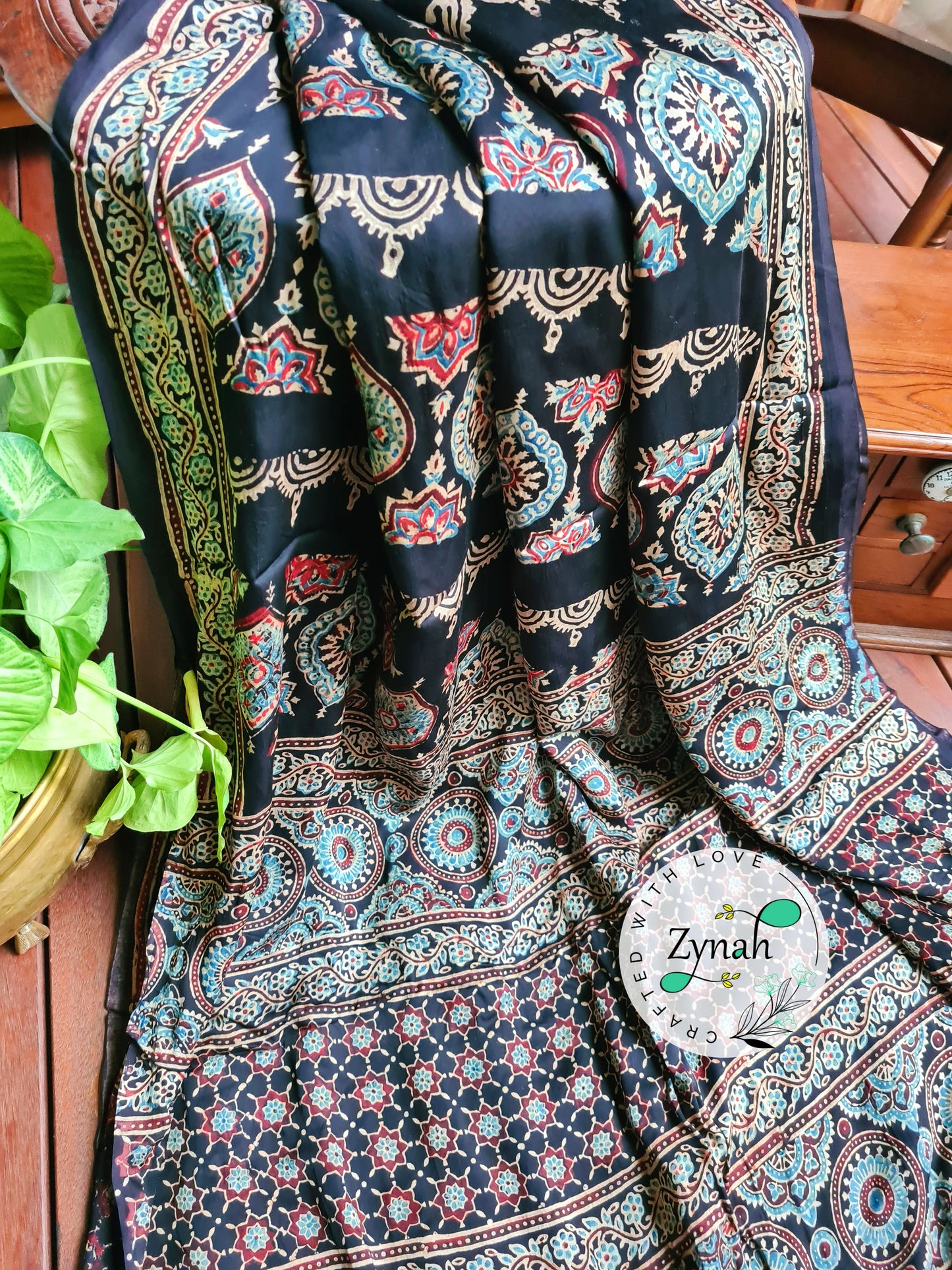 Zynah Black Color Pure Modal Silk Ajrakh Saree with Handblock Prints; Custom Stitched/Ready-made Blouse, Fall, Petticoat; Shipping available USA, Worldwide