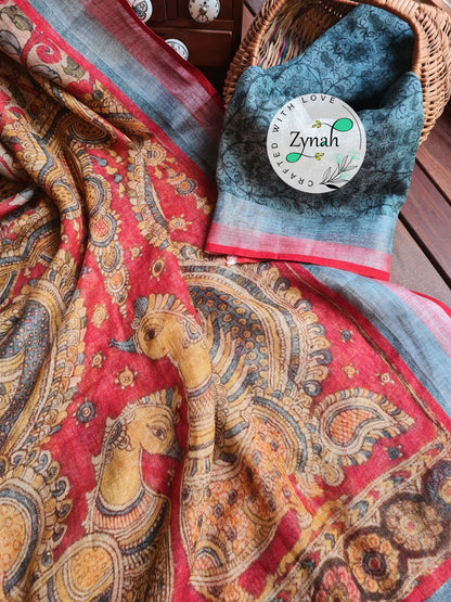 Zynah Beige Color Kalamkari Organic Lab Tested 120 Count pure 'Linen by Linen' Saree; Custom Stitched/Ready-made Blouse, Fall, Petticoat; Shipping available USA, Worldwide