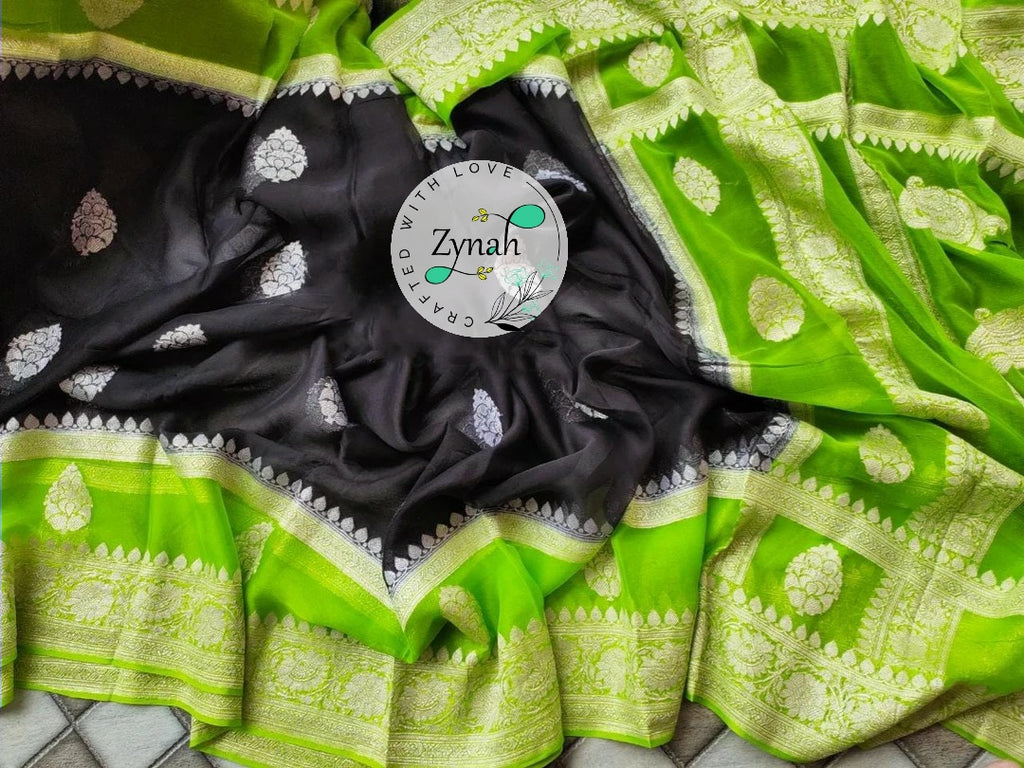 Zynah Pure Banarasi Handloom Khaddi Georgette Saree with Zari Weave; Custom Stitched/Ready-made Blouse, Fall, Petticoat; Shipping available USA, Worldwide