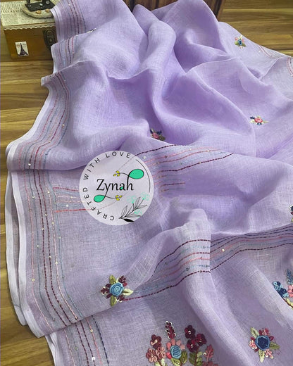 Zynah Pure Linen(120c) Handcrafted Saree with French Knot Hand Embroidery; Custom Stitched/Ready-made Blouse, Fall, Petticoat; Shipping available USA, Worldwide
