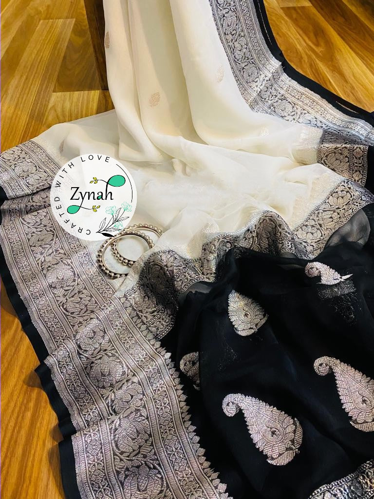 Zynah White & Black Color Pure Banarasi Handloom Khaddi Georgette Saree with Zari Border & Butis; Custom Stitched/Ready-made Blouse, Fall, Petticoat; Shipping available USA, Worldwide
