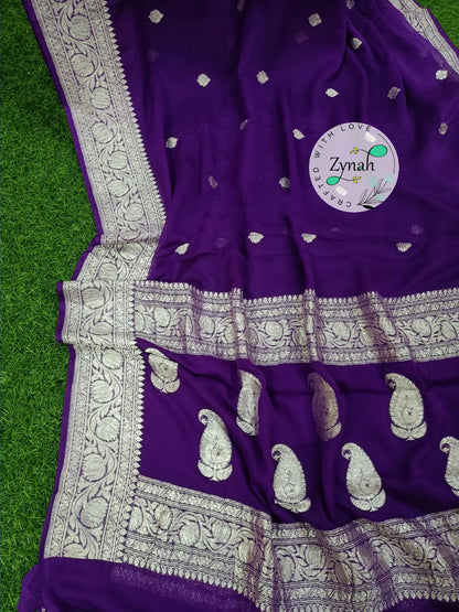 Zynah Pure Banarasi Handloom Khaddi Georgette Saree with Zari Border & Butis; Custom Stitched/Ready-made Blouse, Fall, Petticoat; Shipping available USA, Worldwide