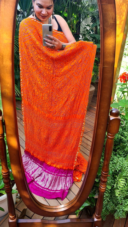 Zynah Pure Gajji Silk Designer Bandhani Saree with Tissue Zari Pallu; Custom Stitched/Ready-made Blouse, Fall, Petticoat; Shipping available USA, Worldwide