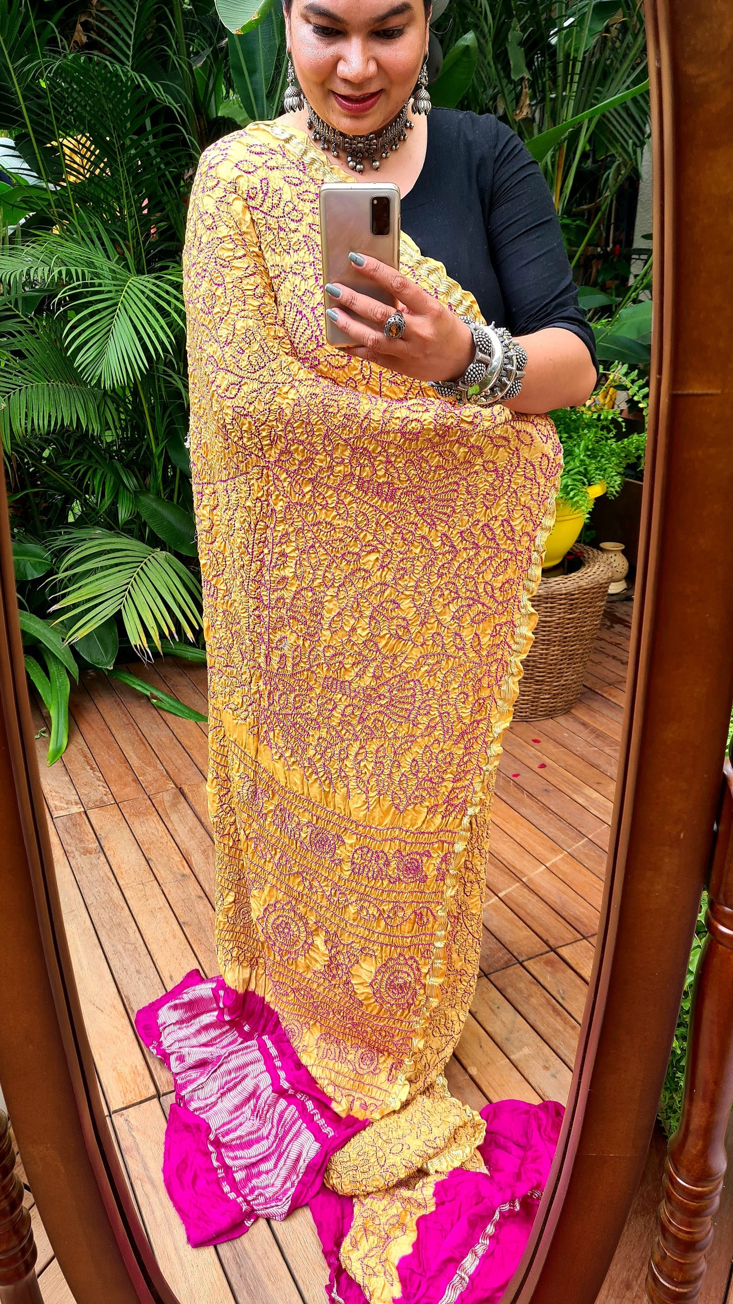 Zynah Pure Gajji Silk Designer Bandhani Saree with Zari Border & Pallu; Custom Stitched/Ready-made Blouse, Fall, Petticoat; Shipping available USA, Worldwide