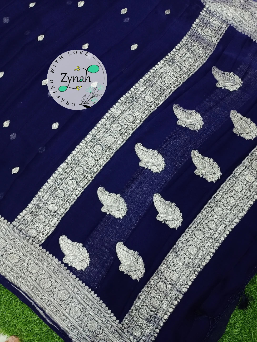 Zynah Pure Banarasi Handloom Khaddi Georgette Saree with Zari Border & Butis; Custom Stitched/Ready-made Blouse, Fall, Petticoat; Shipping available USA, Worldwide