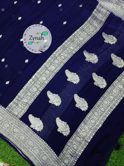 Zynah Pure Banarasi Handloom Khaddi Georgette Saree with Zari Border & Butis; Custom Stitched/Ready-made Blouse, Fall, Petticoat; Shipping available USA, Worldwide