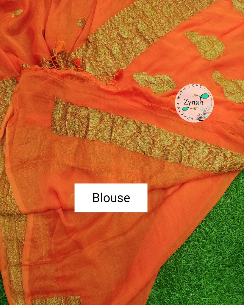 Zynah Pure Banarasi Handloom Khaddi Georgette Saree with Zari Border & Butis; Custom Stitched/Ready-made Blouse, Fall, Petticoat; Shipping available USA, Worldwide