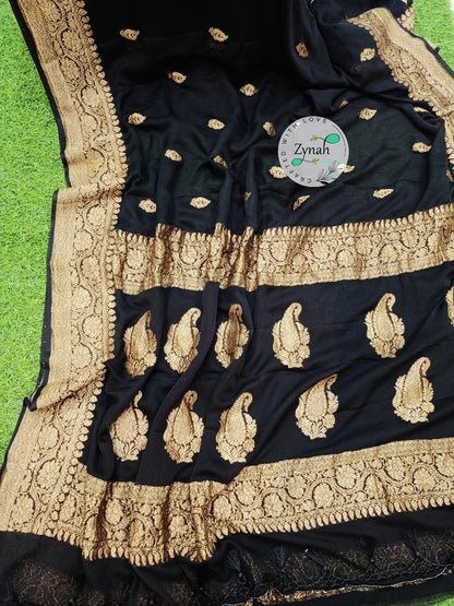 Zynah Pure Banarasi Handloom Khaddi Georgette Saree with Zari Border & Butis; Custom Stitched/Ready-made Blouse, Fall, Petticoat; Shipping available USA, Worldwide