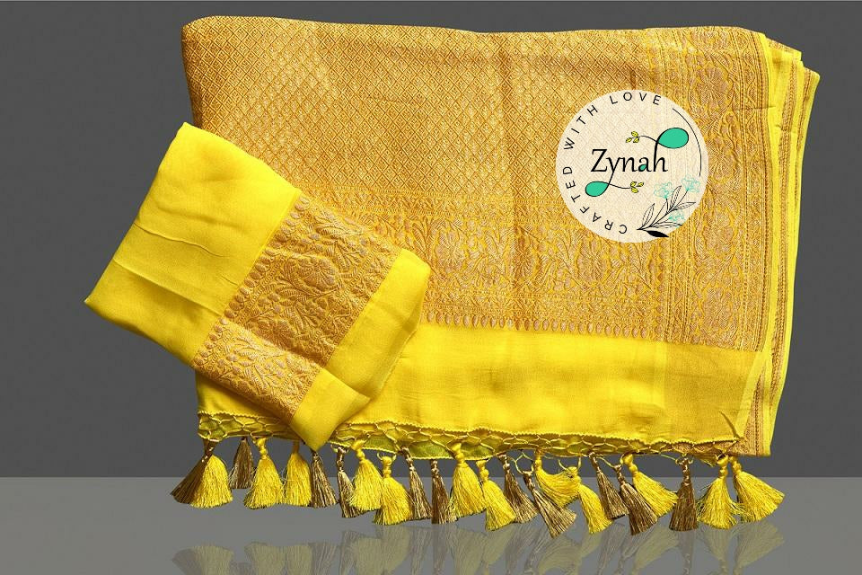 Zynah Pure Banarasi Handloom Khaddi Georgette Saree with Golden Zari Border & Butis; Custom Stitched/Ready-made Blouse, Fall, Petticoat; Shipping available USA, Worldwide