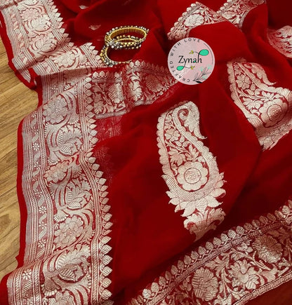 Zynah Pure Banarasi Handloom Khaddi Georgette Saree with Zari Border & Butis; Custom Stitched/Ready-made Blouse, Fall, Petticoat; Shipping available USA, Worldwide